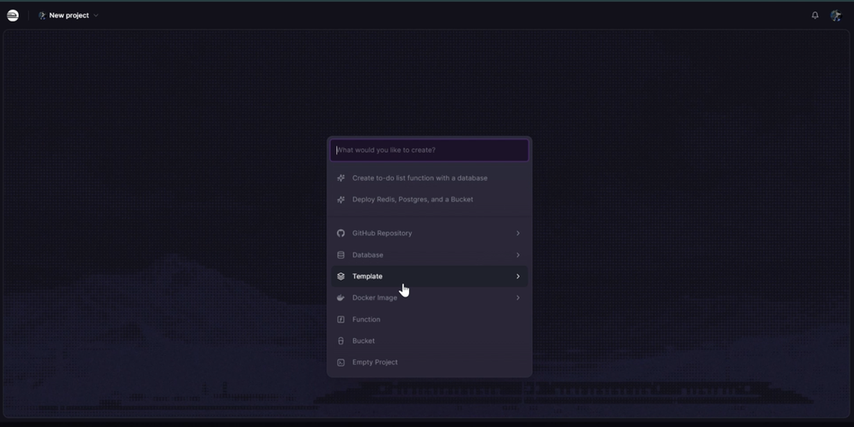 Railway new-project menu with Template selected