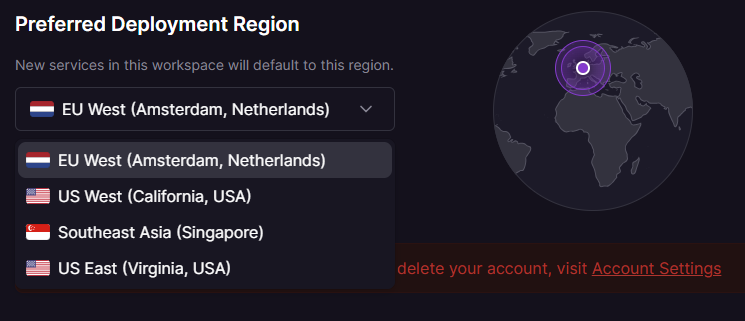 Railway service settings showing the PostgreSQL database placed in the Amsterdam region